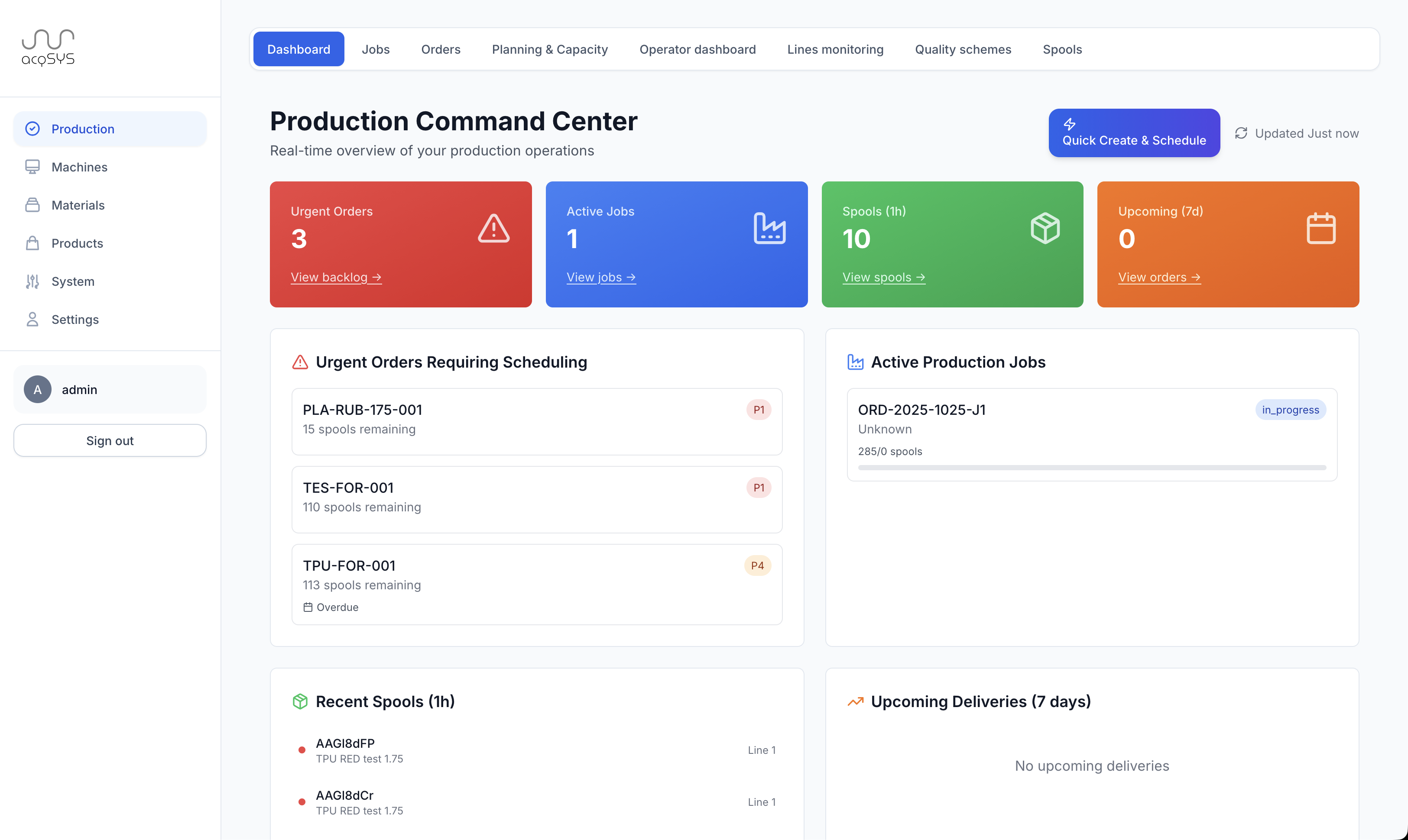 Production Command Center showing real-time production overview with active jobs, urgent orders, and recent spools