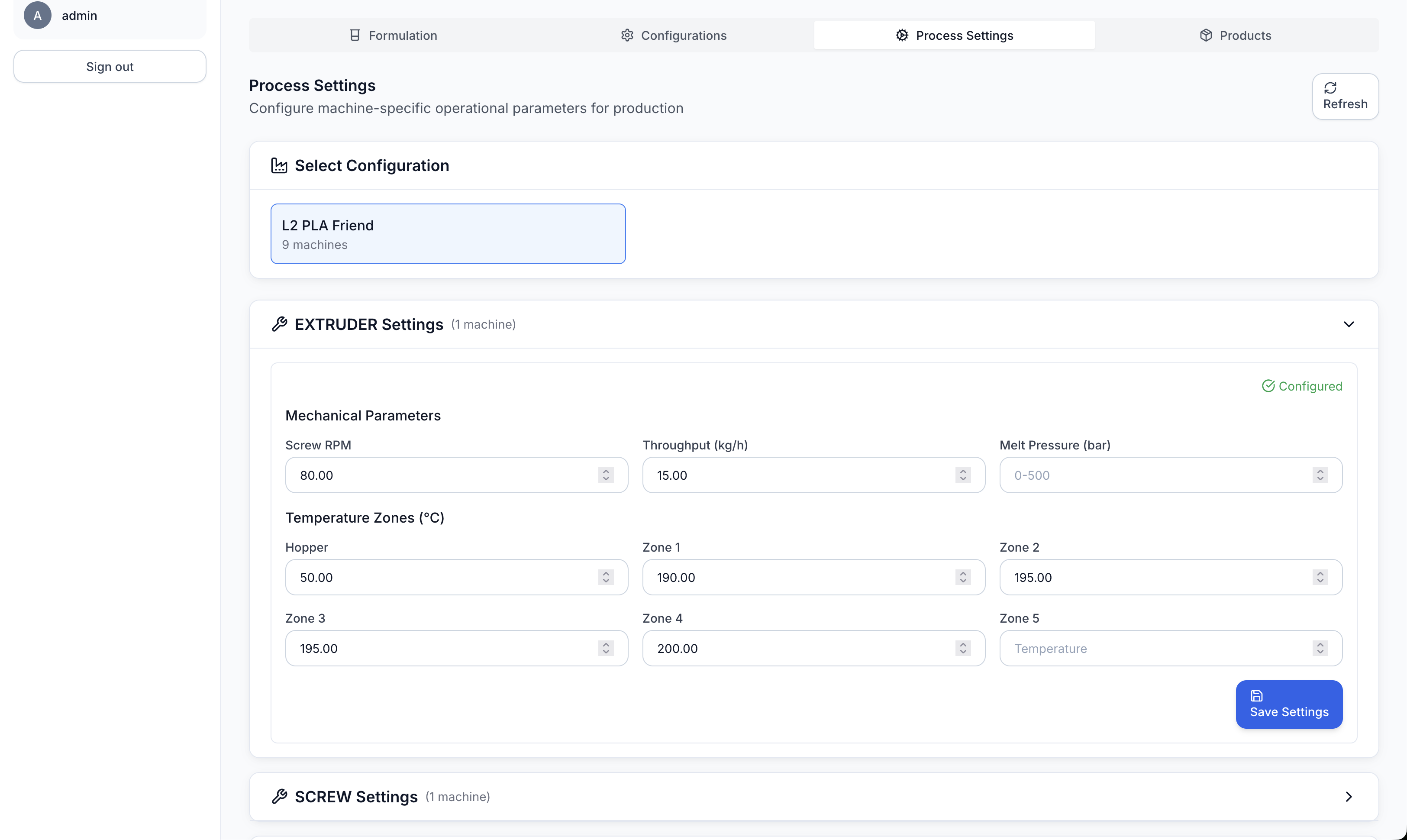 Process settings configuration for production parameters