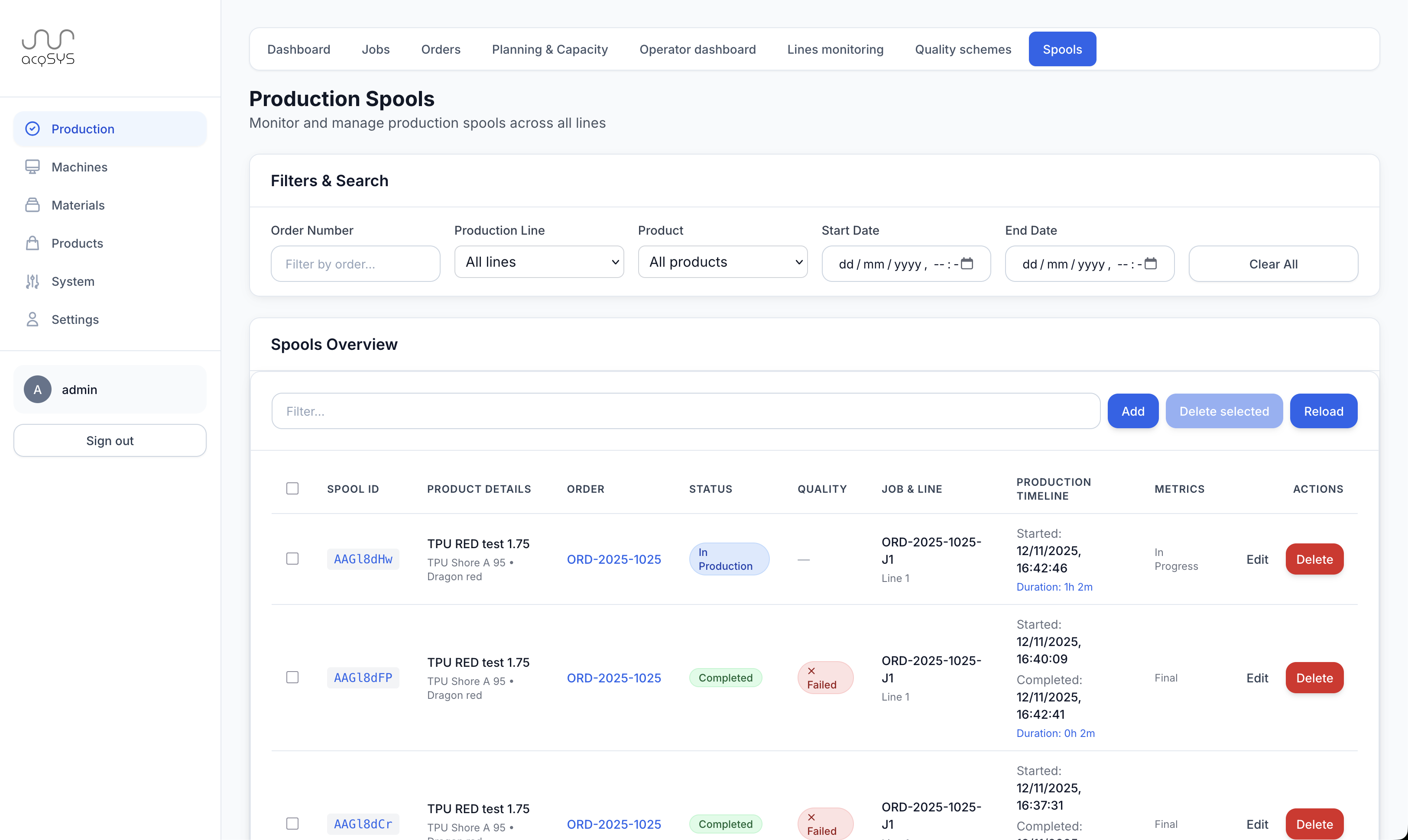Production spools management interface