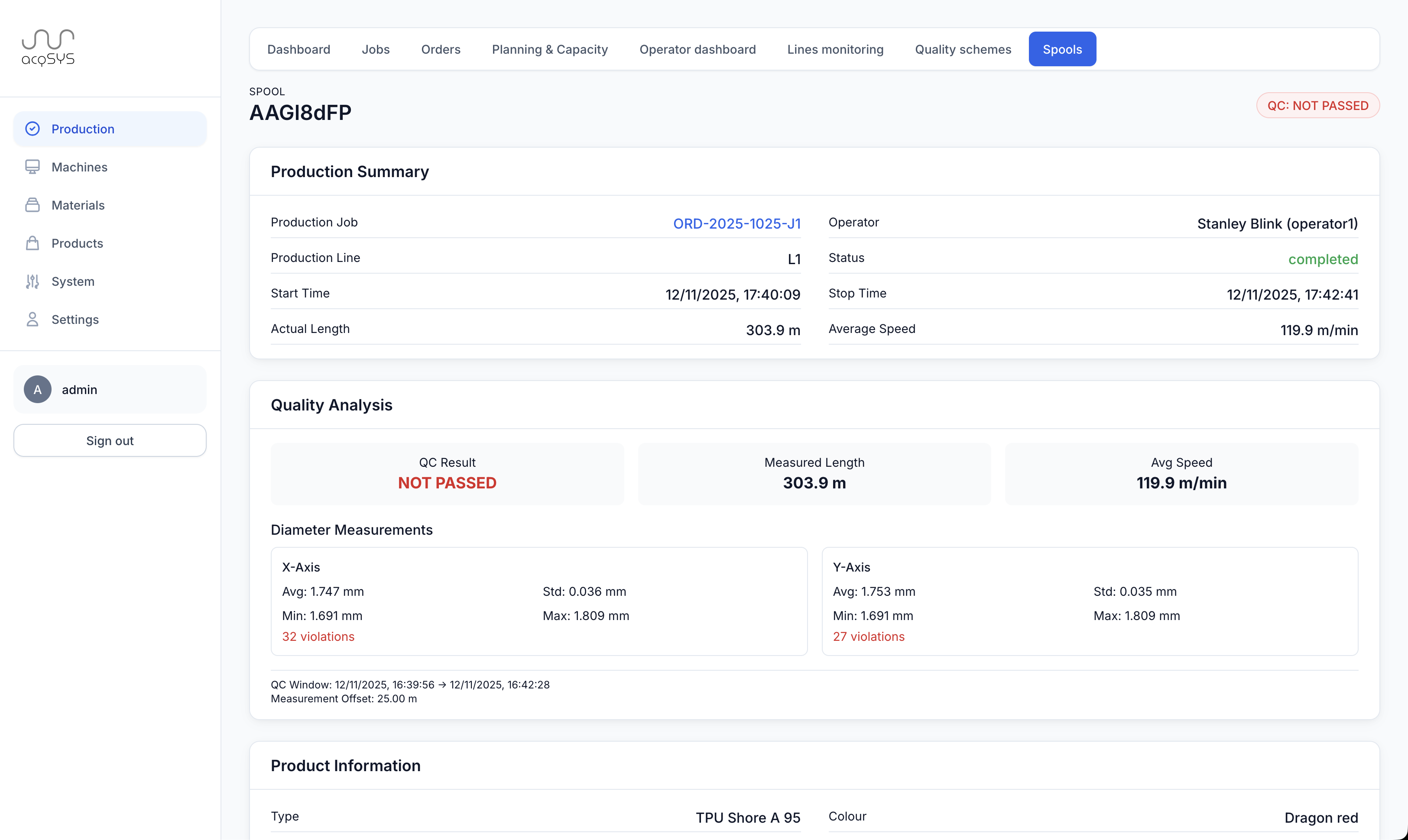 Complete spool traceability showing production summary, quality analysis, and diameter measurements